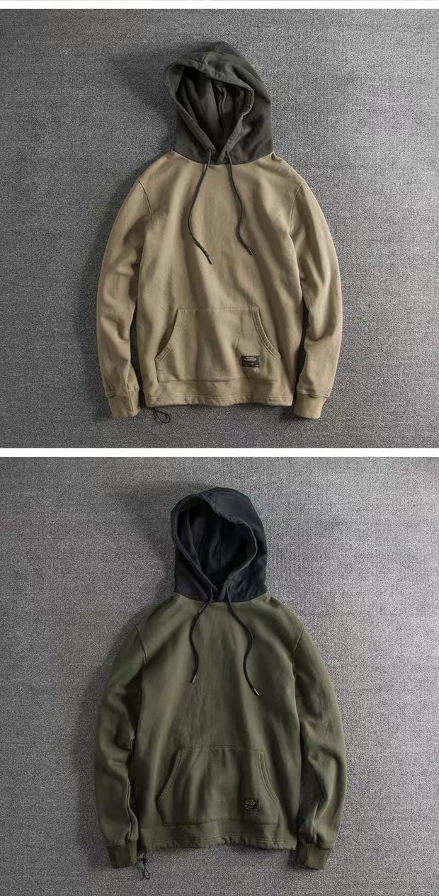 Châu Âu và Hoa Kỳ đơn giản bông gió giặt retro cũ màu khâu áo len nam áo len trùm đầu hoodie đôi
