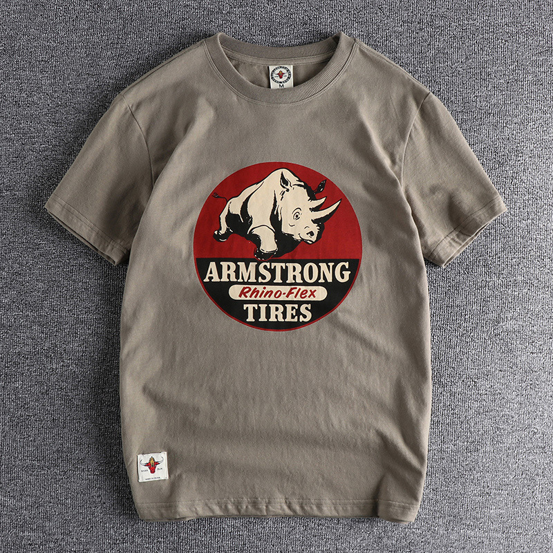 Summer New Style Washed and Brushed Comfortable Short-Sleeved T-Shirt for Men, Rhino Retro Print Versatile Youth Fashion Casual Half-Sleeve