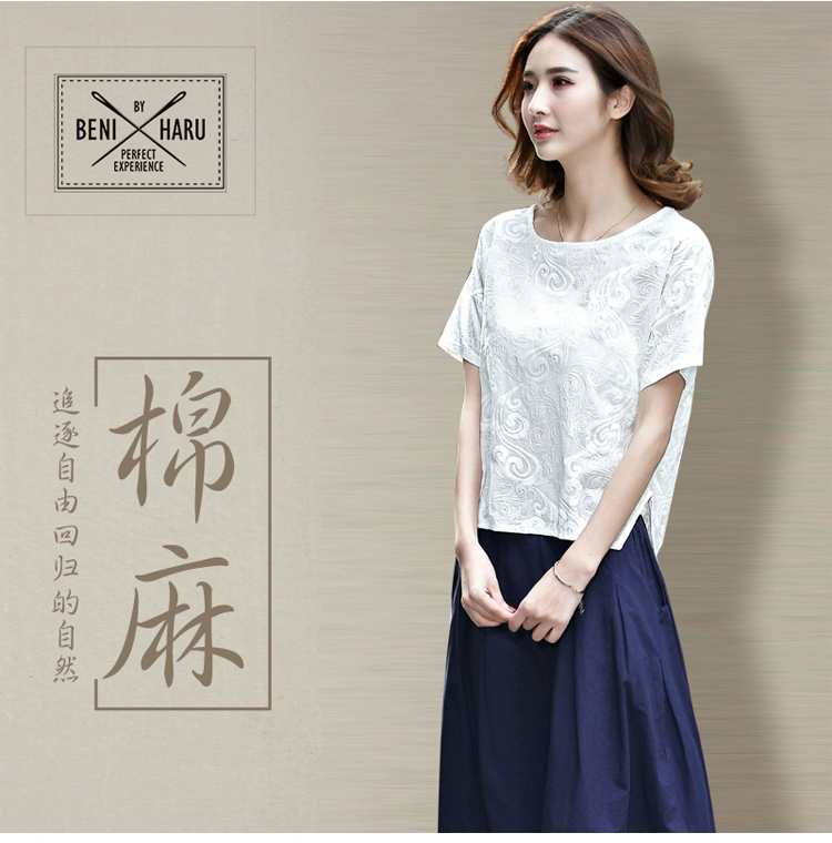 Thêu cotton và vải lanh áo phông ngắn tay phụ nữ mùa hè lỏng cộng với kích thước áo sơ mi đơn giản và linh hoạt áo phông trắng vải lanh văn học - Áo phông