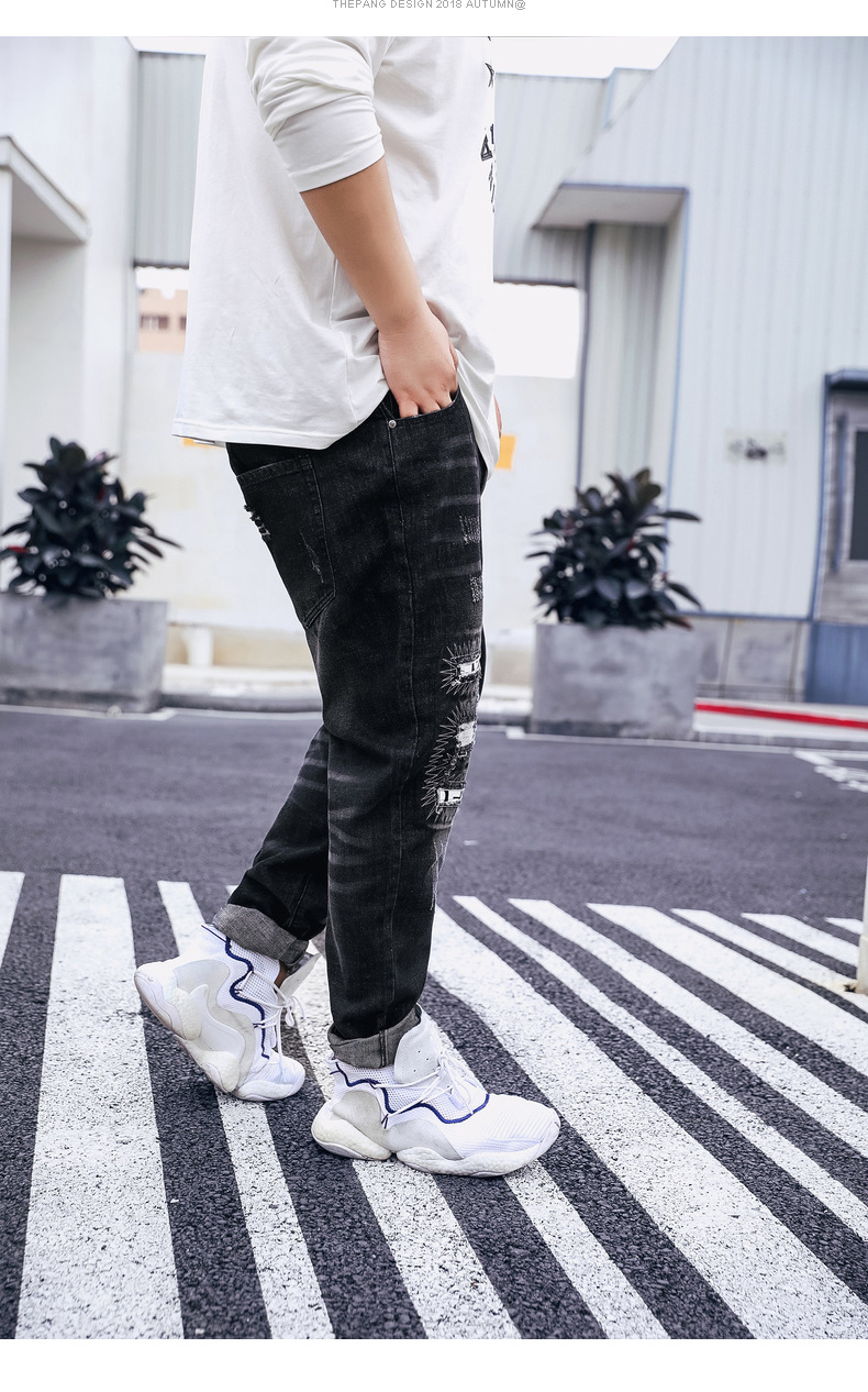 THE PANG Tide thương hiệu quần denim nam size lớn thêm phân bón để tăng chất béo thêu quần lỏng lẻo quần áo nam
