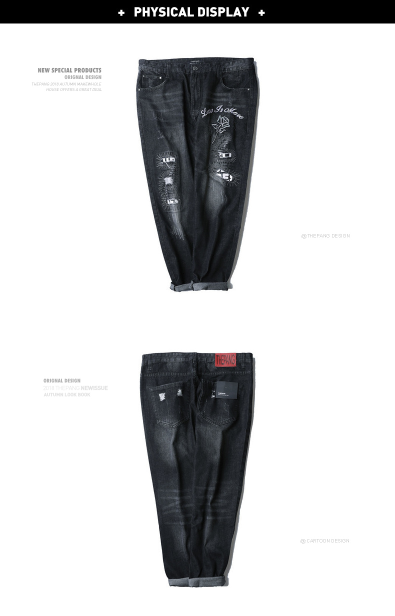THE PANG Tide thương hiệu quần denim nam size lớn thêm phân bón để tăng chất béo thêu quần lỏng lẻo quần áo nam