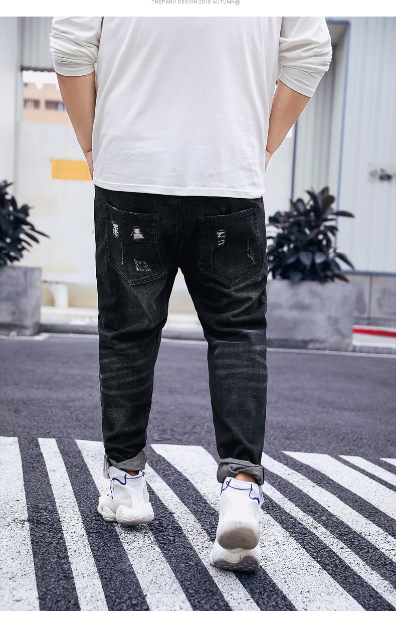 THE PANG Tide thương hiệu quần denim nam size lớn thêm phân bón để tăng chất béo thêu quần lỏng lẻo quần áo nam