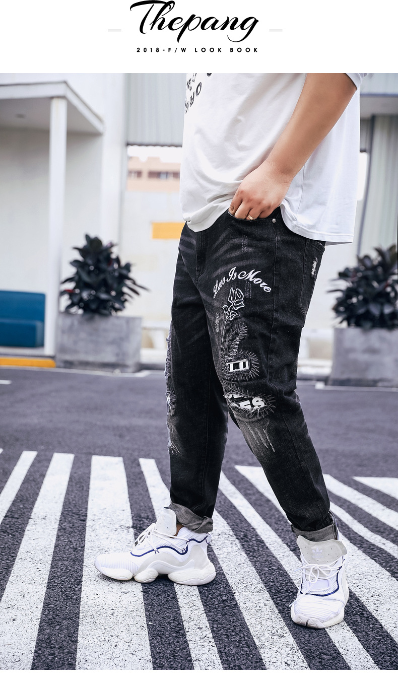 THE PANG Tide thương hiệu quần denim nam size lớn thêm phân bón để tăng chất béo thêu quần lỏng lẻo quần áo nam
