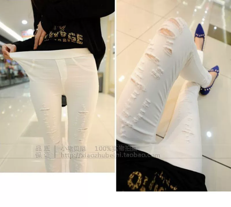 Mùa xuân và mùa thu Hàn Quốc của triều đại là quần lửng đen lỗ thủng quần legging lỗ phụ nữ mặc quần mỏng có kích thước lớn co giãn chân quần - Quần tây thường