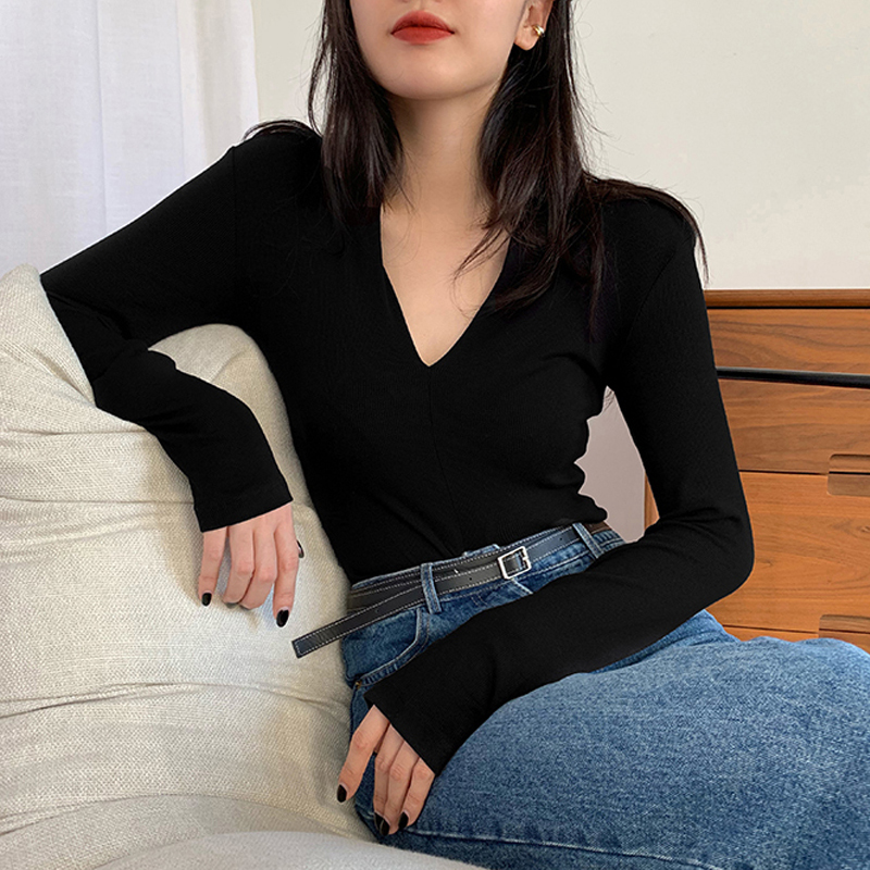V-Neck Base Shirt for Women, Inner Wear, 2026 Spring, Autumn, and Winter Long-Sleeve T-Shirt for Women, Black, Trendy, Regular Shoulder, Slim-Fit, Short Top