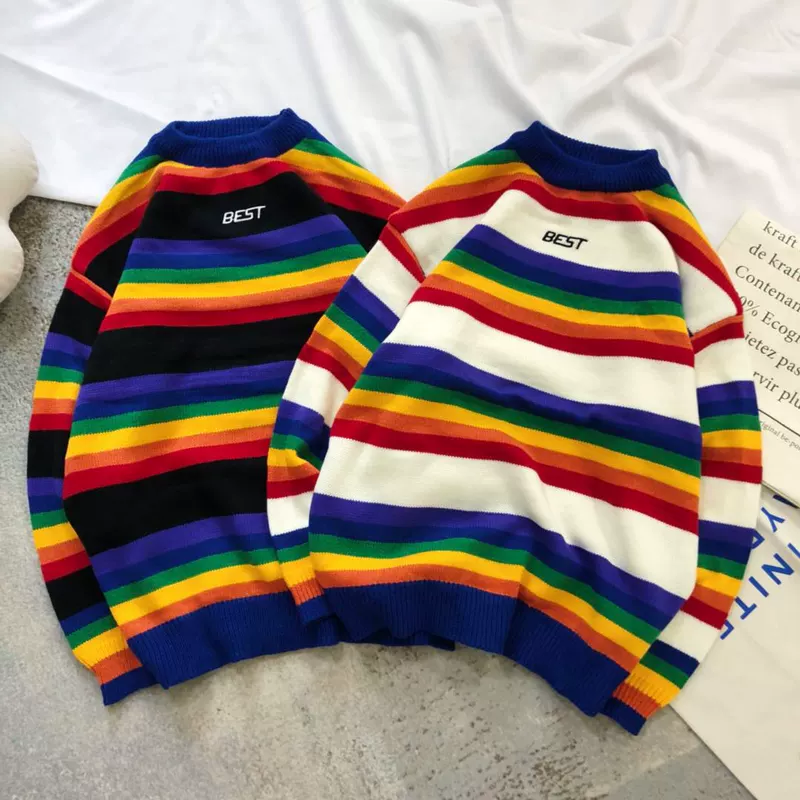 Hàn Quốc retro màu áo len cổ tròn cầu vồng sọc áo len Influx nam và nữ cặp vợ chồng ins lỏng ngọn