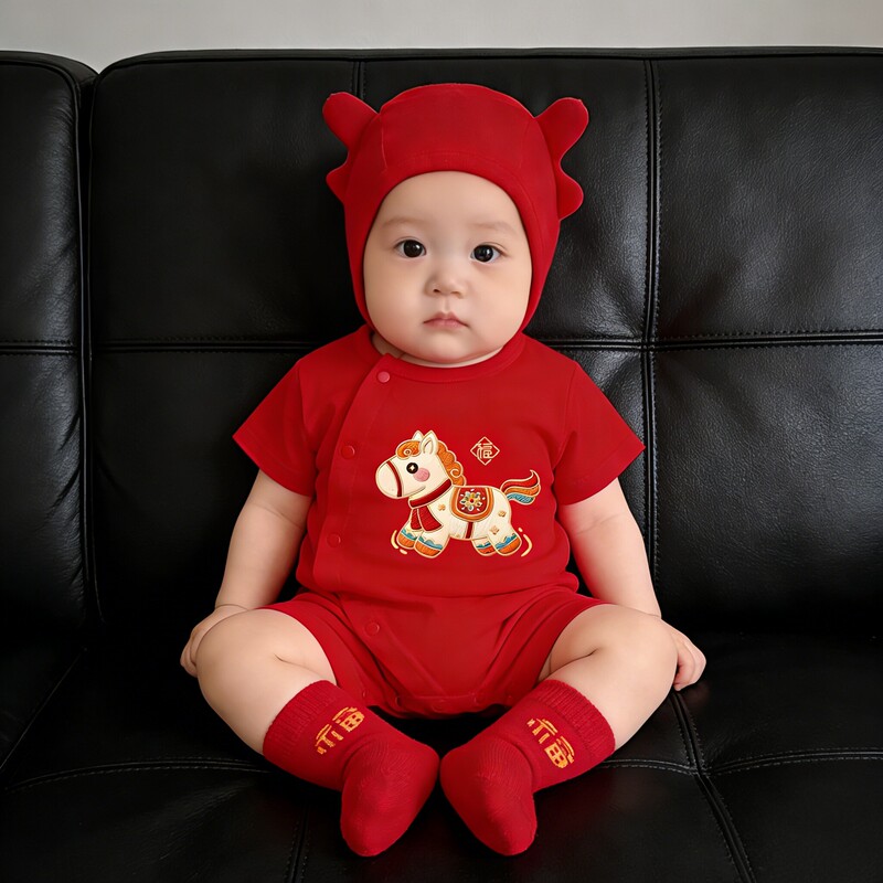 British Lmkl Baby Romper Summer Thin Style Full Moon Hundred-Day Banquet Year of the Horse Baby Boy Red Little Gentleman