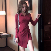 2021 autumn new elegant temperament lapel waist irregular shirt dress slim thin hip dress female