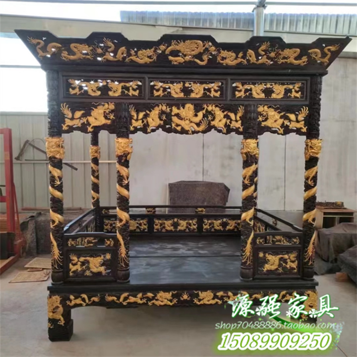 Mahogany dragon bed red pear wood carving dragon step bed dragon column bed canopy bed solid wood thousand-worker step bed dragon bed now