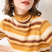 2019 Korean version of womens pullover turtleneck sweater striped slim fashion bottoming shirt is thin and versatile pile collar sweater