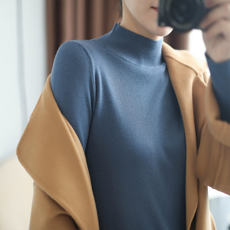 New Slim Fit Bottoming Sweater Women's Half Turtleneck Pullover Long Sleeve Short Solid Color Warm Inner Non-Wool Knit Sweater