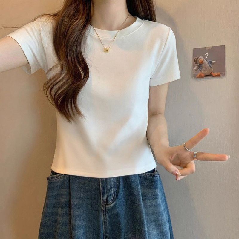 Pure White High-Waisted Slimming Pure Cotton Short-Sleeved T-Shirt for Women, Summer 2026 New Fashion Playful Short Top ins