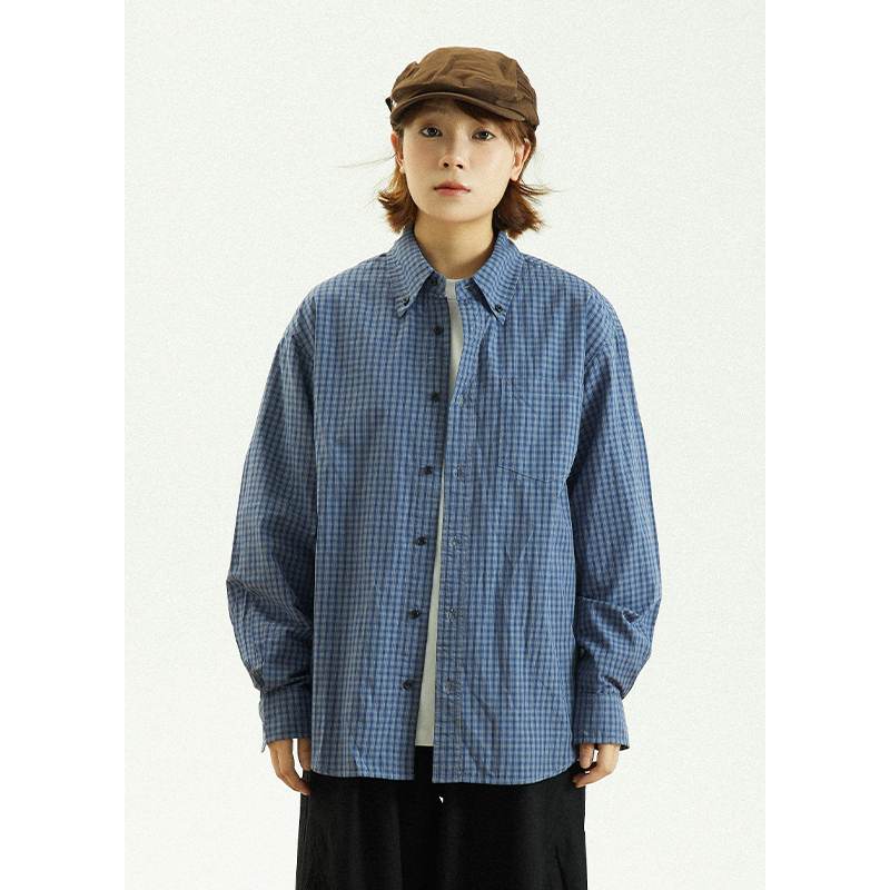 Goodnorth Autumn Retro Plaid Blue Shirt Men's and Women's Long Sleeve Tops Loose Casual Casual Shirts