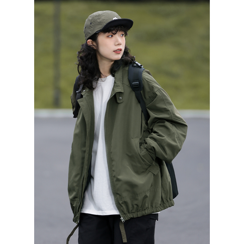 Goodnorth Japanese Retro Spring and Autumn Loose Casual Zipper Stand Collar Jacket Unisex Solid Color Workwear Jacket