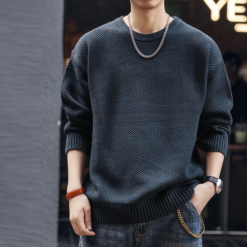 Grainlu American Retro Lazy Style Pineapple Pattern Sweater for Men, Winter Trendy Brand Crew Neck Heavy Thick Knitwear
