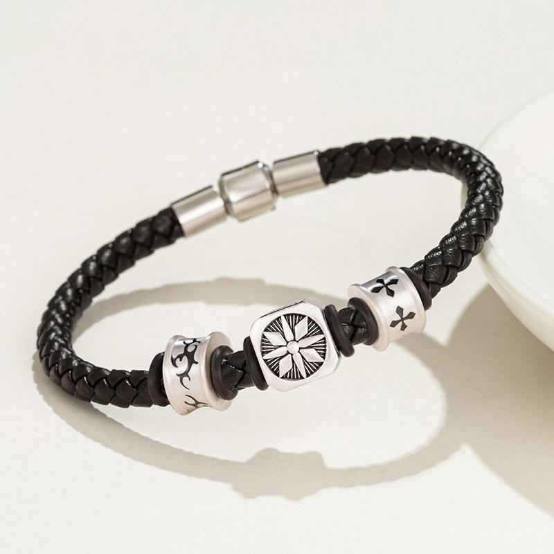 Solid 925 Silver Fortune Bead Genuine Leather Bracelet Compass Couple Personalized Jewelry Gift High-End Niche Men's Wristband
