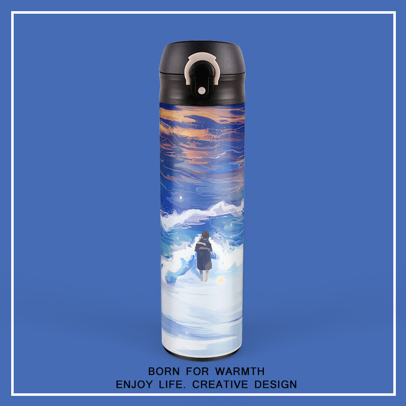 Ins wind watercolor oil painting big ocean illustration insulation cup simple European and American stainless steel 304 water cup students male and female models