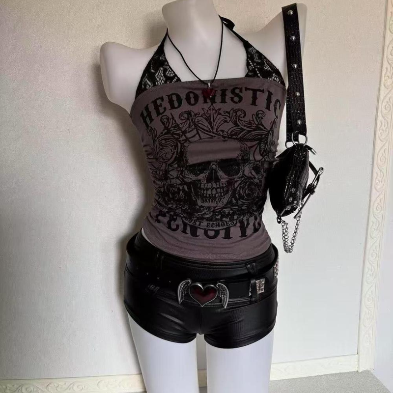 Y2K Hot Girl Skull Halter Top Women's Summer American Retro Distressed Print Short Top Slimming Camisole