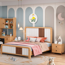 Childrens bed Girls full solid wood minimalist modern little girl white wax wood bedroom suite combined single male main wind bed