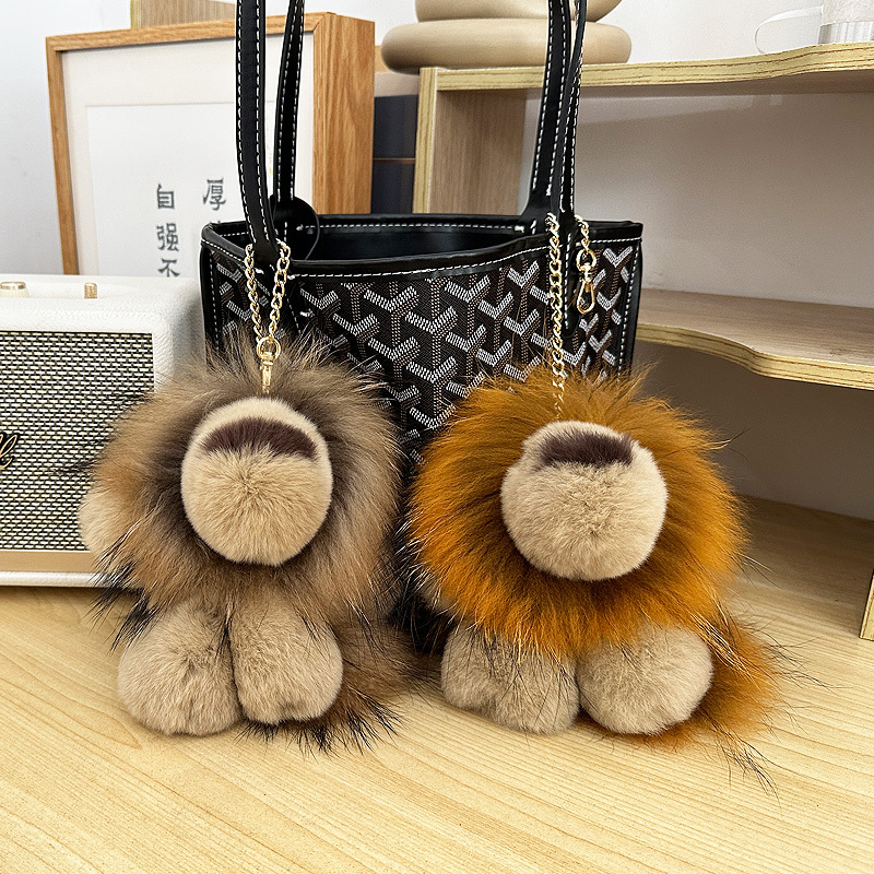 Cute Little Lion Plush Pendant Simba Cartoon Real Fur Rex Rabbit Fur Doll Keychain Lion Bag Pendant