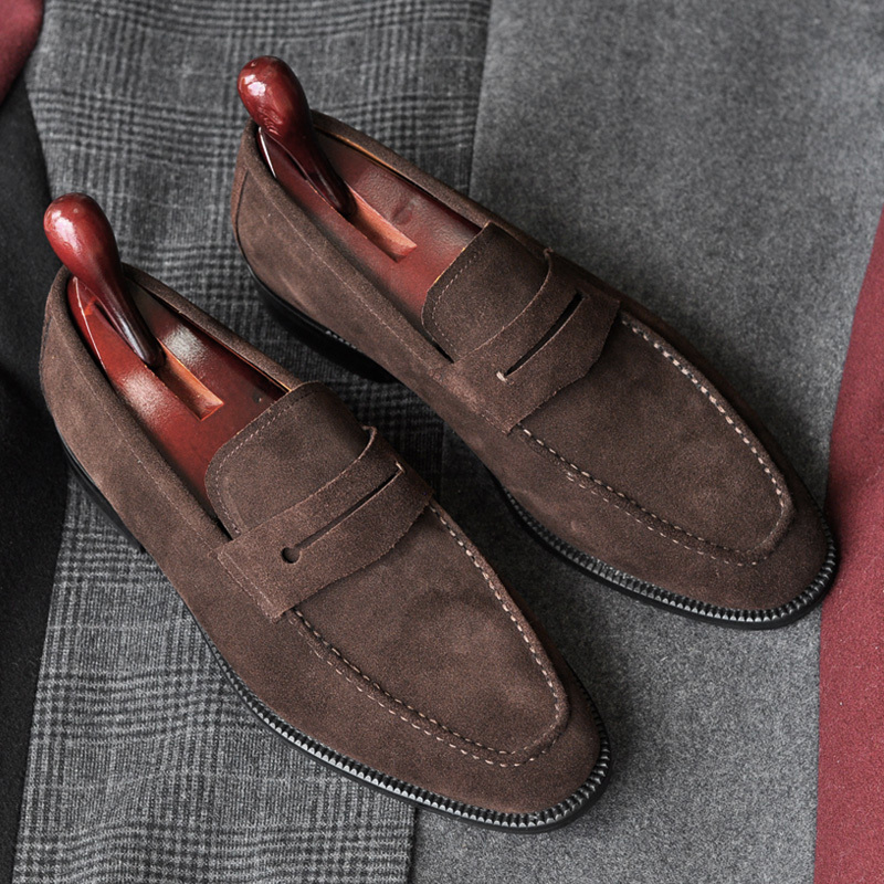 Gentleman's Handmade Suede Cowhide Men's Loafers British Style Breathable Slip-On Lazy Shoes Soft Leather Casual Leather Shoes