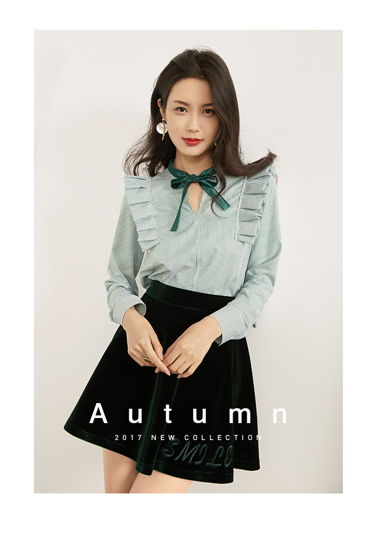 Fan Si Lanen mới cộng với áo sọc nhung nữ dài tay chữ V cổ chữ Han Fan áo dày nơ ấm áp sơ mi denim