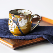 Made in Japan Kutani Yaki hand-painted ceramic mug Yellow glaze Rich Cherry Blossom bird teacup Coffee cup gift