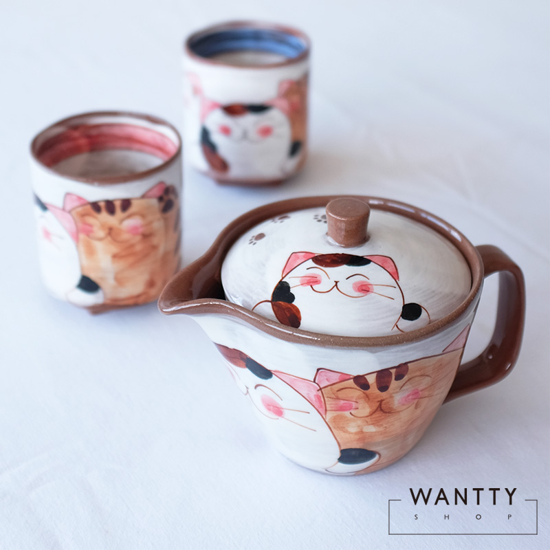 Spot Japanese-made Hasami-yaki Arita-yaki Hand-painted Lucky Cat Three cats Ceramic Teapot Cup Japanese tea set