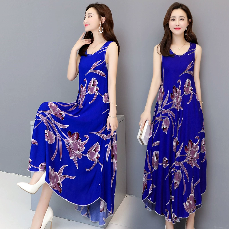 2021 váy thời trang mới của phụ nữ trung niên và cao tuổi cộng với kích thước cotton lụa 40 50 áo vest không tay váy dài đi biển - Váy dài