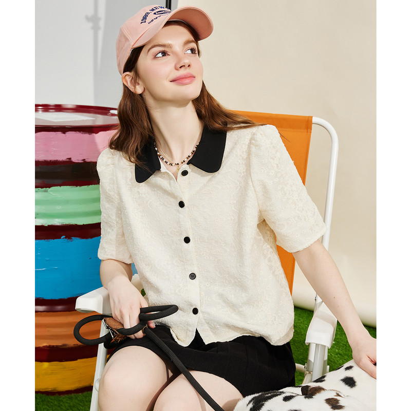 A02A02 Lace Splicing Chanel-Style Off-Shoulder Blouse Summer Color-Blocked Lapel Elegant Women's Shirt