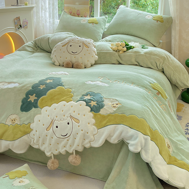 Sheep Winter Milk Velvet Four-Piece Set Thickened Double-Sided Coral Velvet Duvet Cover Cartoon Princess Style Children's Bedding