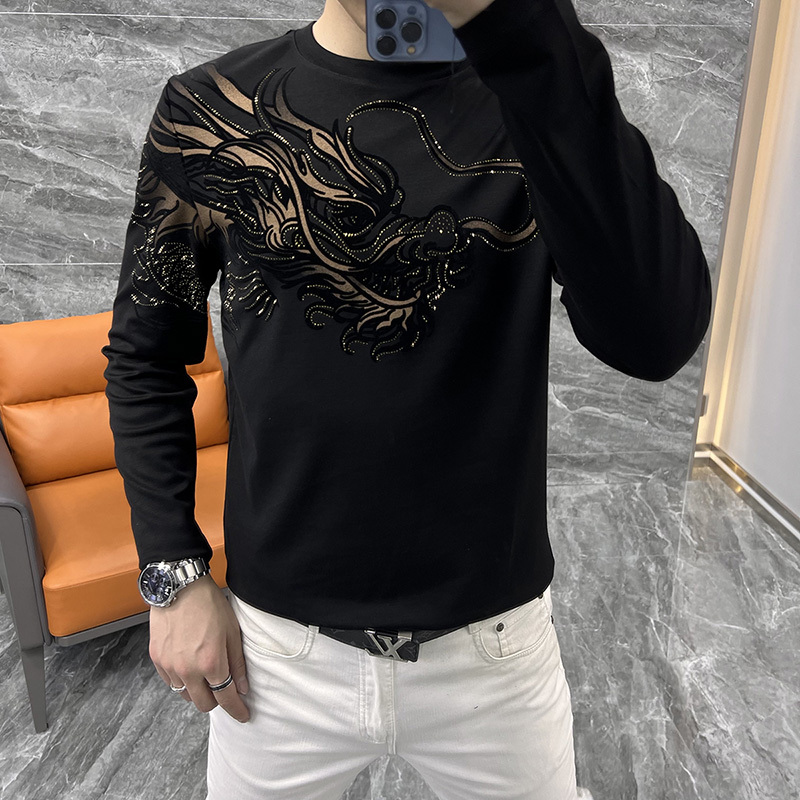 Light Luxury Fashion Men's Spring and Autumn Long-Sleeve Base Shirt T-Shirt with Personalized Dragon-Shaped Heat-Printed Rhinestones, Stylish and Versatile Sweatshirt