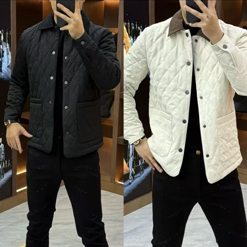 Autumn and Winter Men's Light Luxury Casual Diamond Quilted Fashionable Versatile Thin Cotton Jacket Coat with Stylish Lapel Cotton Clothing 1958