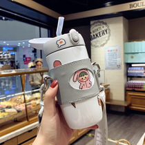 Creative childrens thermos cup kindergarten can cross-body straw water Cup cute Primary School students portable adults out kettle