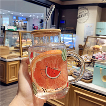 Creative cute ins Wind wooden cover heat-resistant glass women with straw water cup simple fresh Mori portable cup