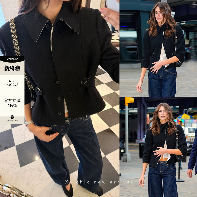 Xzichic Kaia Gerber Supermodel Style 50% Wool Thin Woolen Slimming Lapel Jacket Short Coat for Women