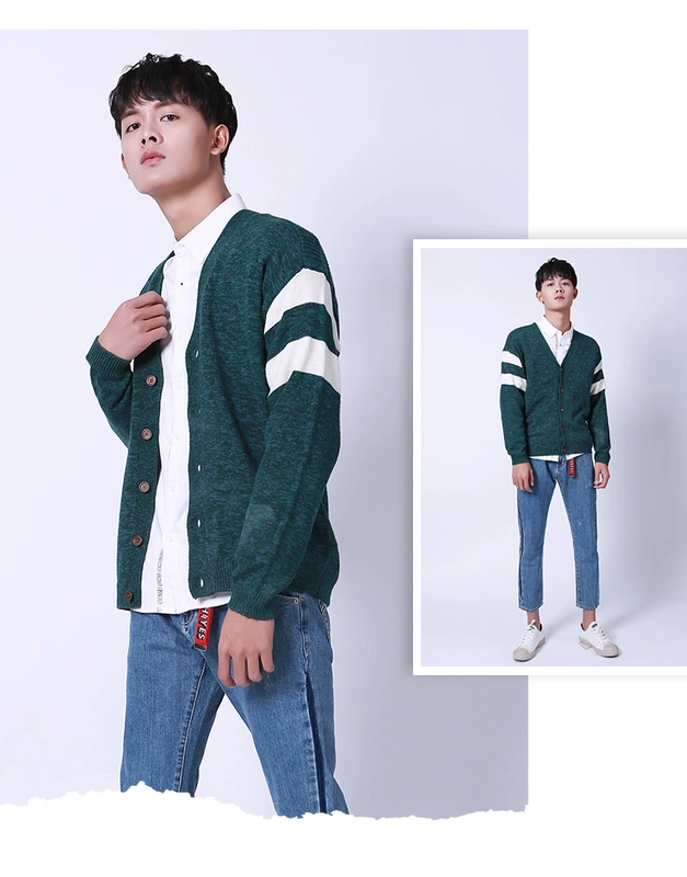 Jasonwood mùa xuân và mùa thu của nam giới thời trang V-Cổ áo len xu hướng sọc sinh viên cardigan top trung tâm mua sắm với cùng một đoạn