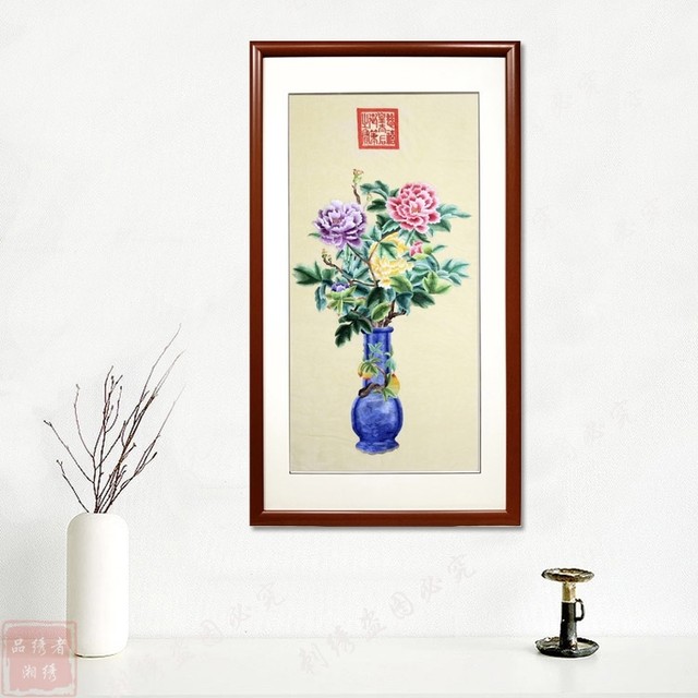 Hunan embroidery peony vase ມື embroidery ປະດັບຕົກແຕ່ງຮູບແຕ້ມສໍາເລັດຮູບເຮືອນຝາຕົບແຕ່ງກໍາແພງເຄື່ອງຫັດຖະກໍາ