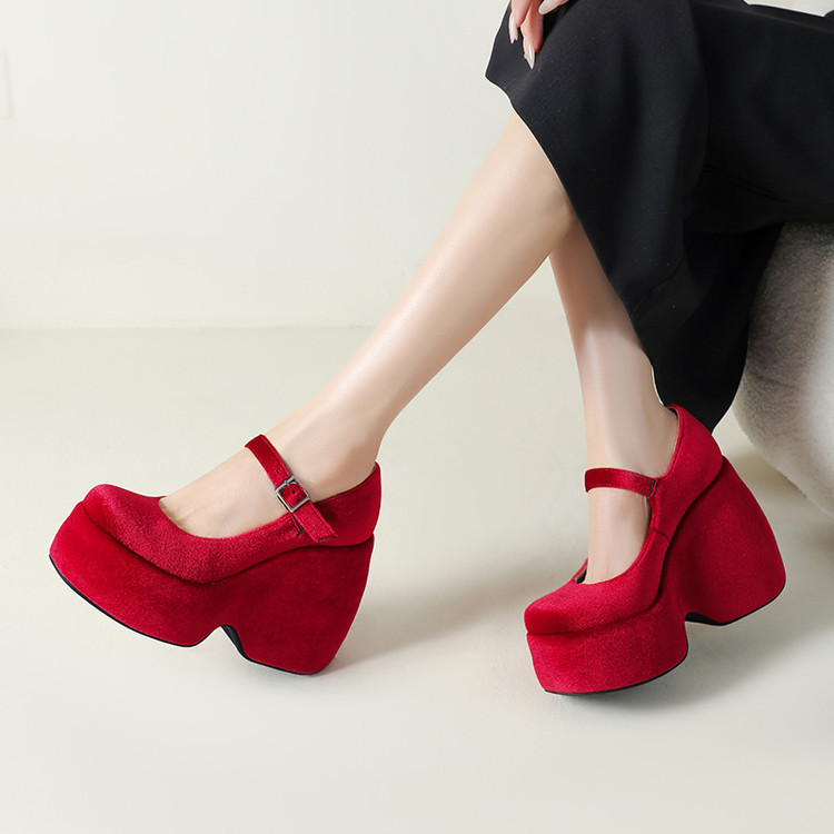 Red Platform Lolita Mary Jane High Heels for Women, Waterproof Platform, Satin Buckle Strap, Chunky Heel Single Shoes for Petite Brides