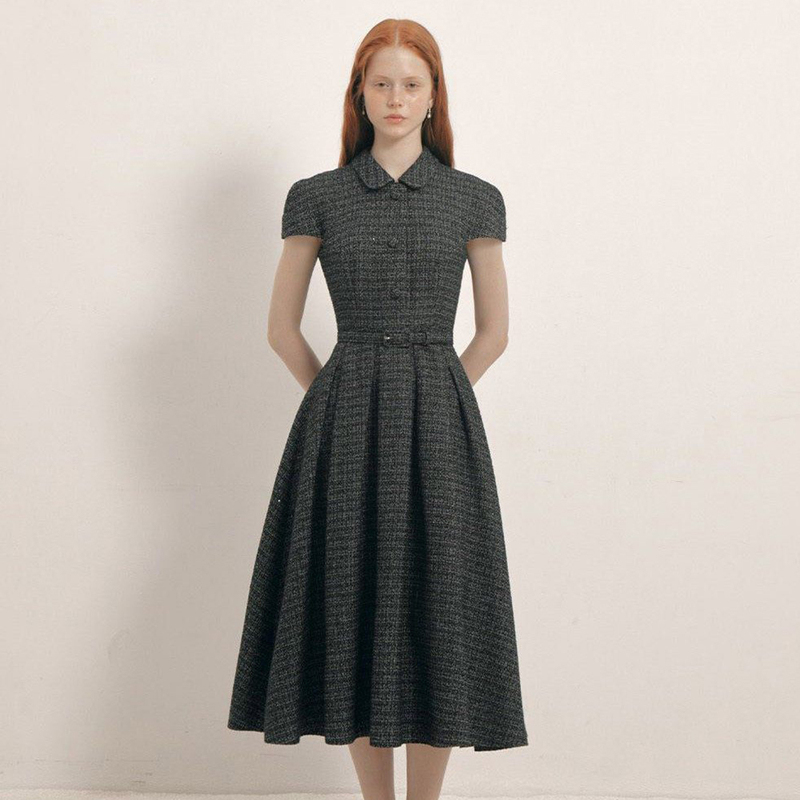 High-End 2026 Spring New Style Elegant Round Neck Mid-Length Tweed Dress with a Chanel-Inspired Waist-Cinching Design for Women