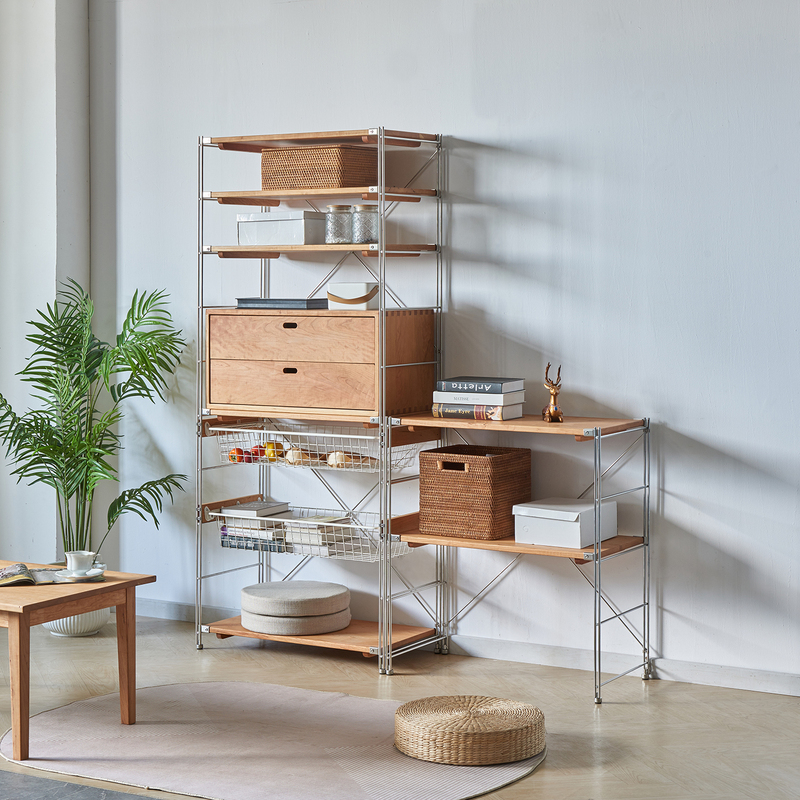 Solid Wood Japanese-Style Stainless Steel Cherry Wood Floor-Standing Storage Rack Kitchen Microwave Oven Storage Metal Display Rack