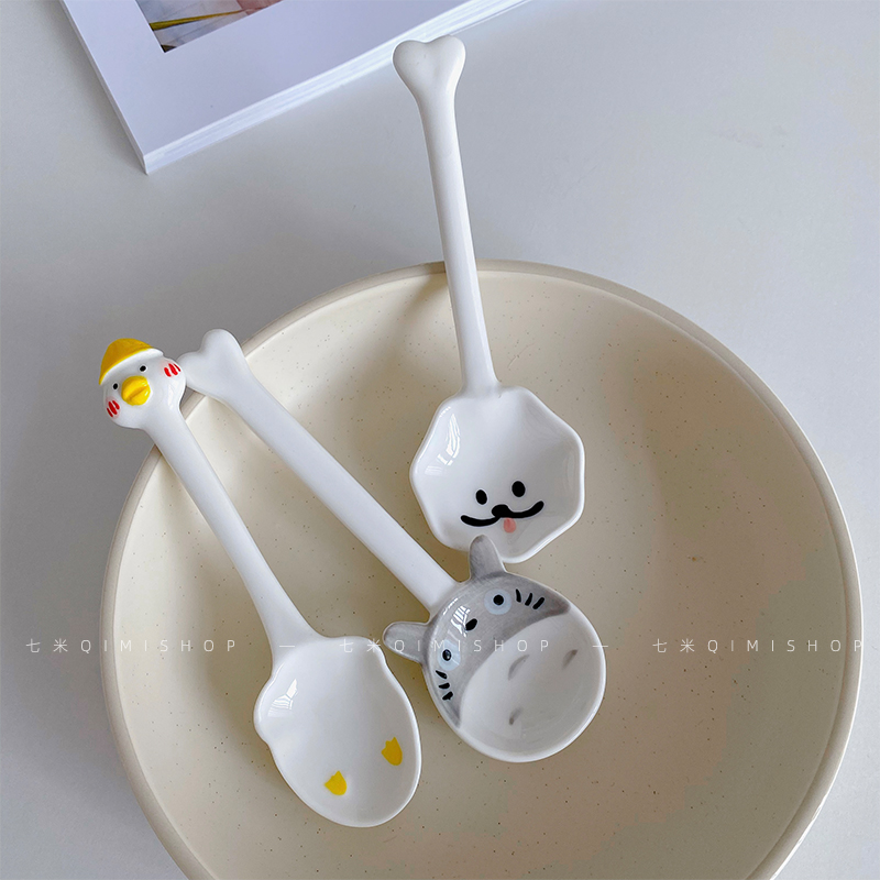 Seven meters Japanese cartoon ceramic spoon hand-painted animal dessert spoon student children soup spoon ins style tableware coffee spoon