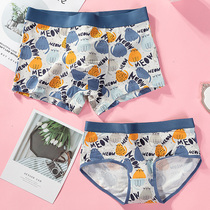 Cute cat cartoon couple panties set double 2 packs a pair of mens mid-waist womens modal cotton