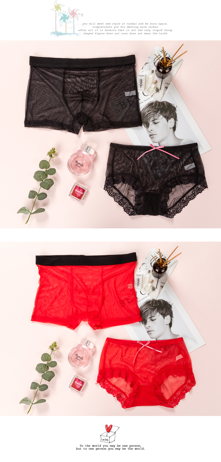 Couple đồ lót sexy cám dỗ đầy đủ trong suốt lưới ren sexy lingerie set nam boxer nữ tam giác kích thước lớn