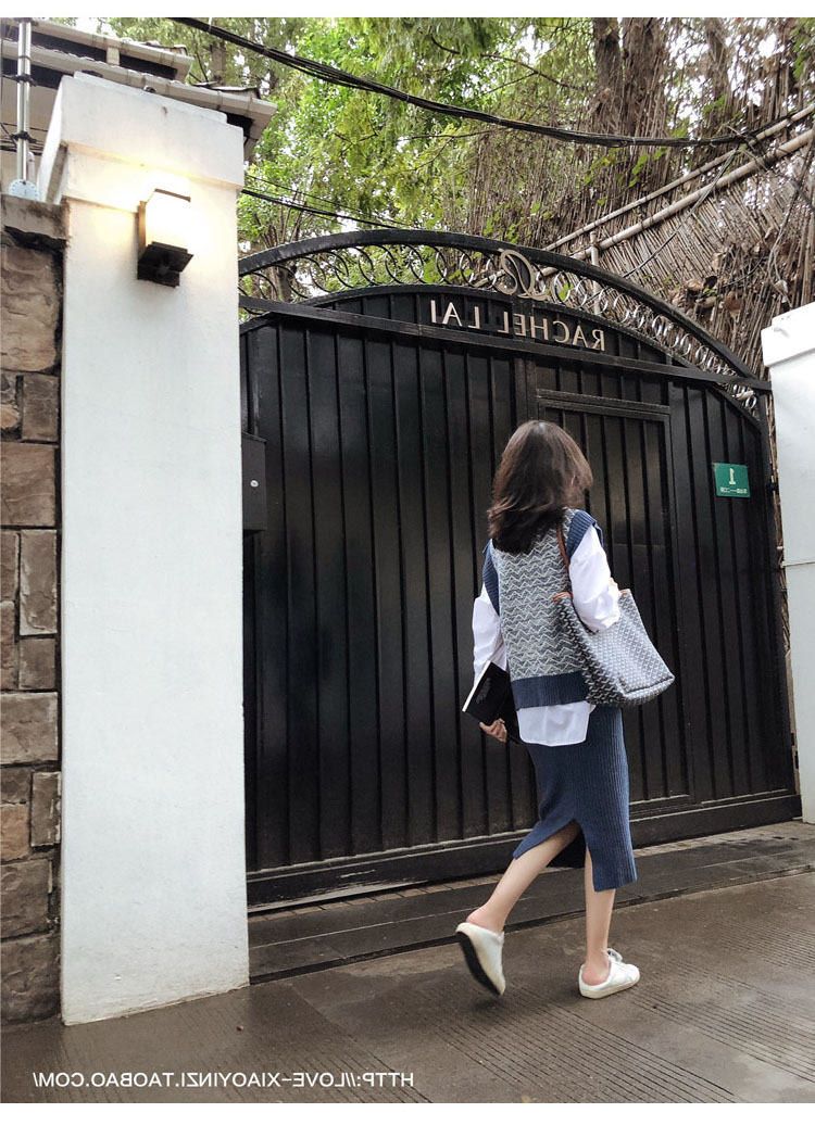 Mùa thu đông vest vest vest vest nữ lỏng lẻo mặc màu tương phản V-cổ đan áo vest với váy ba mảnh váy nữ