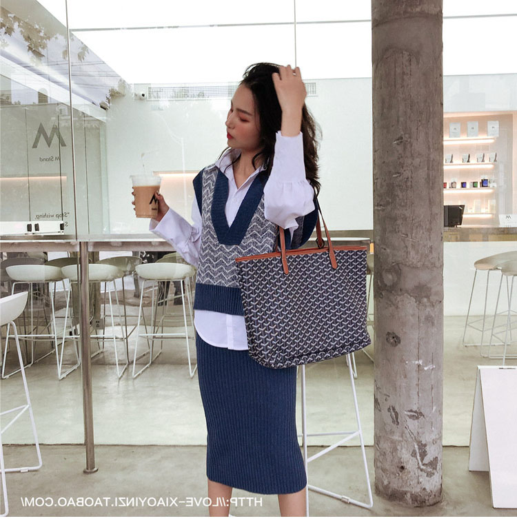 Mùa thu đông vest vest vest vest nữ lỏng lẻo mặc màu tương phản V-cổ đan áo vest với váy ba mảnh váy nữ