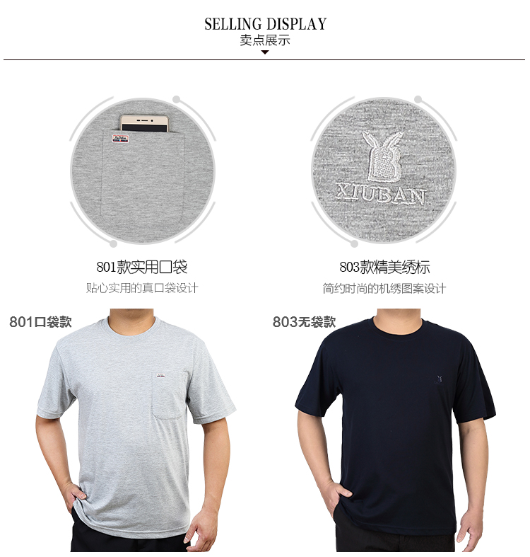 Đàn ông trung niên áo thun ngắn tay cổ tròn cotton mùa hè bố mặc trung niên lỏng lẻo ông nội bỏ túi áo len mỏng áo thun trơn nam