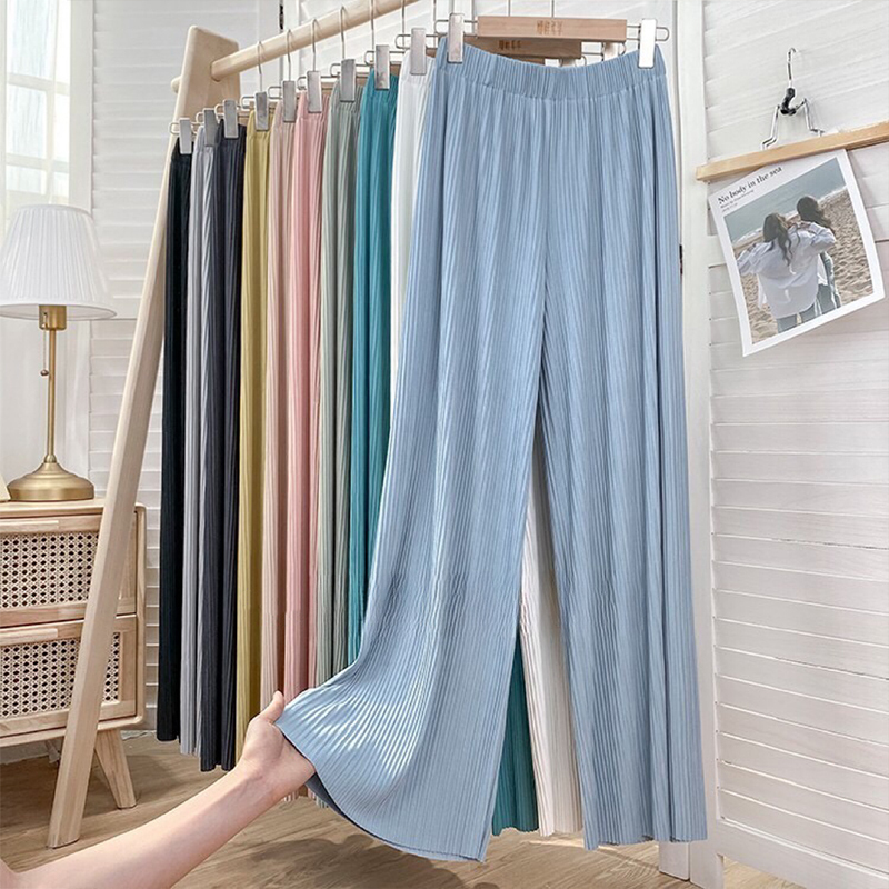 Ice Silk Pleated Wide-Leg Pants for Women, Summer Loose Fit, Drapey, Petite, Height-Enhancing, Casual Straight-Leg Long Pants, Size XS