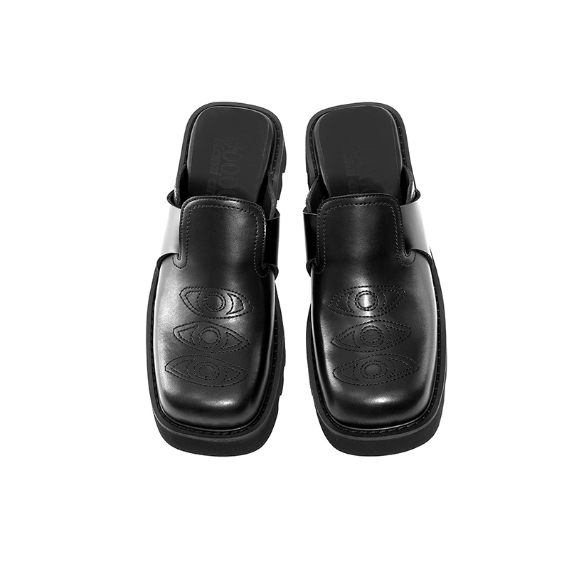 Kami Anger Eye Embroidery Square Toe Birkenstock Shoes, Fashionable Thick-Soled Black Casual Height-Increasing Half Slippers