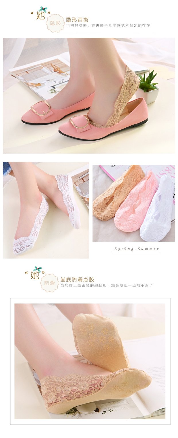 Đầm ren nữ bằng vải cotton mùa hè mỏng Hàn Quốc miệng nông bằng silicon không trơn trượt vớ xỏ ngón